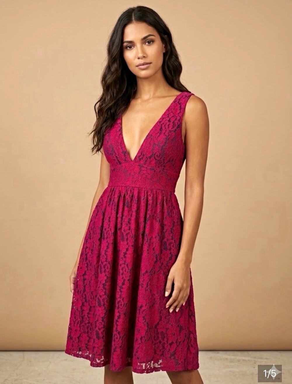 Lulus | Magenta berry purple contrast lace deep v midi dress | Fit and Flare | M